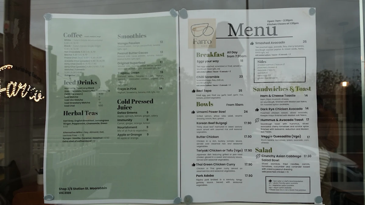 Menu, Farro Nourishing Eatery