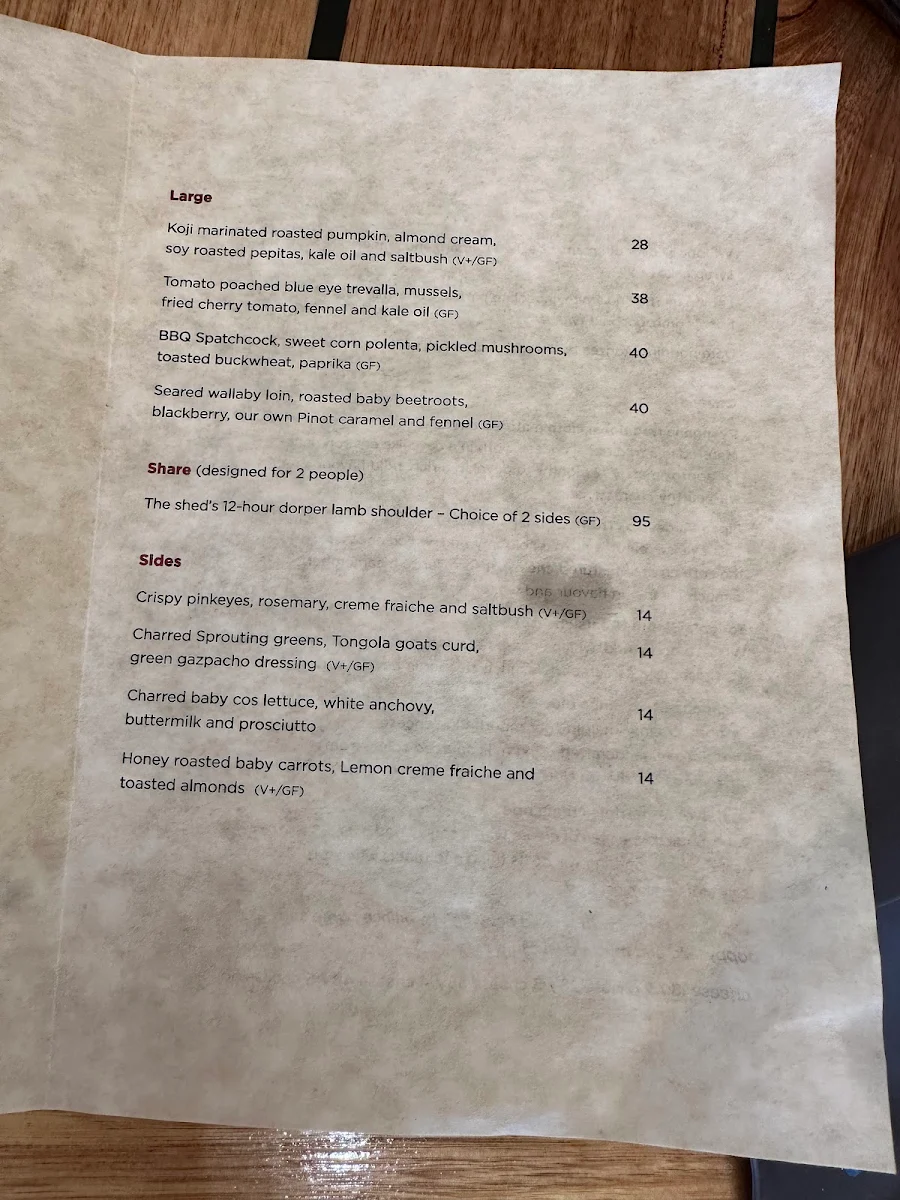 Menu, The Shed Restaurant