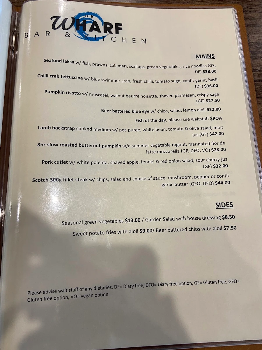 Menu, The Wharf Bar & Kitchen