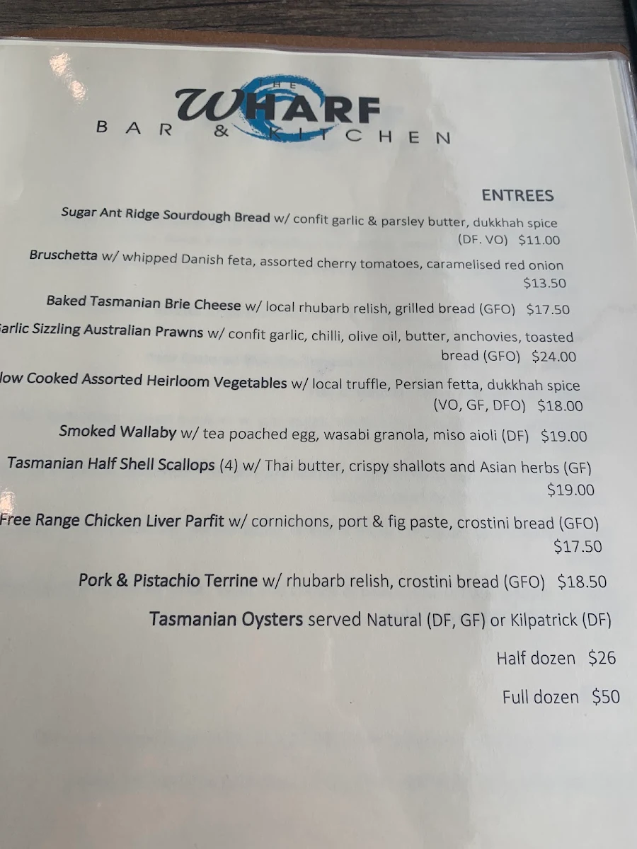 Menu, The Wharf Bar & Kitchen