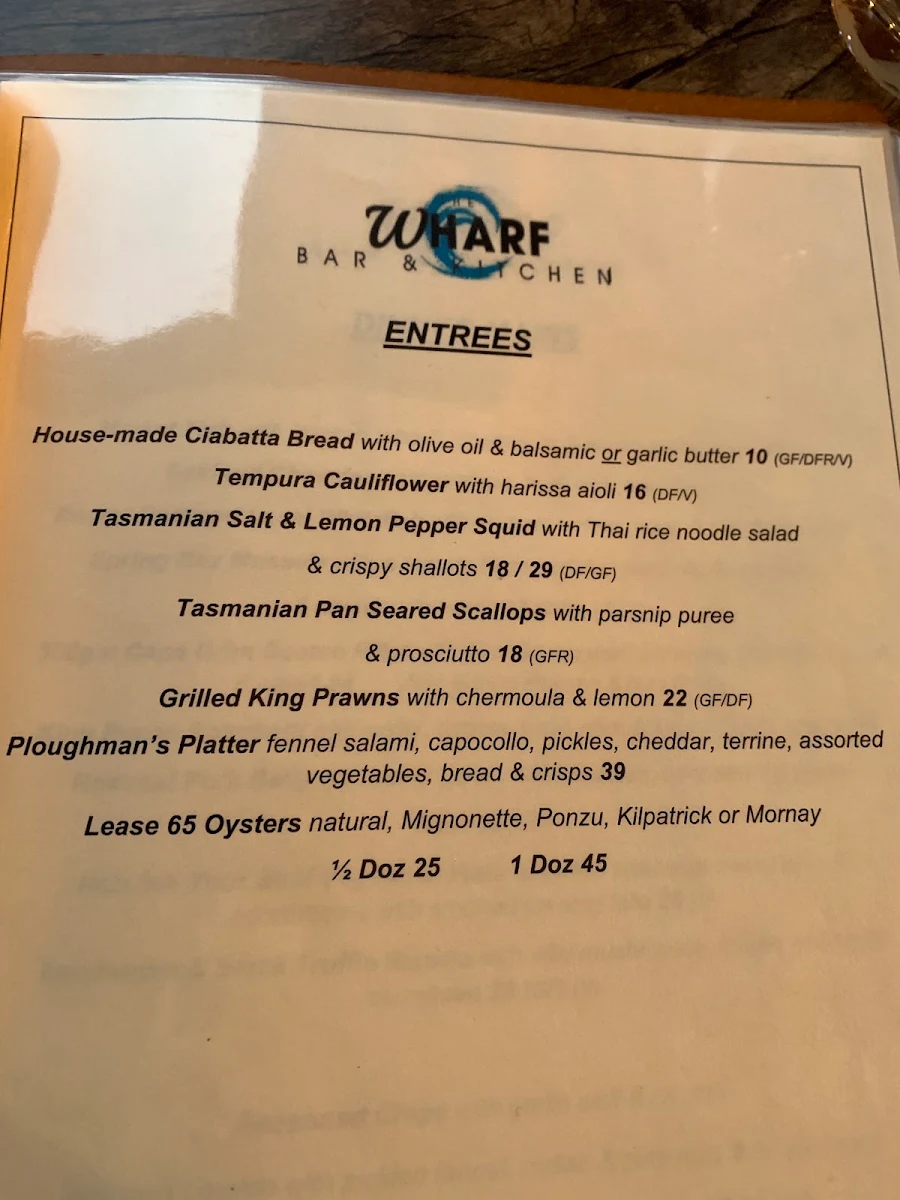 Menu, The Wharf Bar & Kitchen