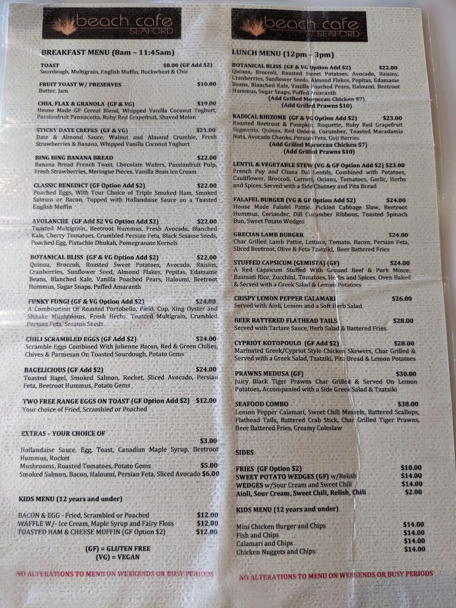 Menu, Beach Cafe Seaford