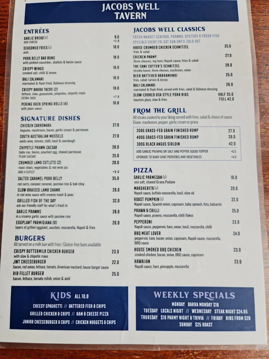 Menu, Jacobs Well Hotel