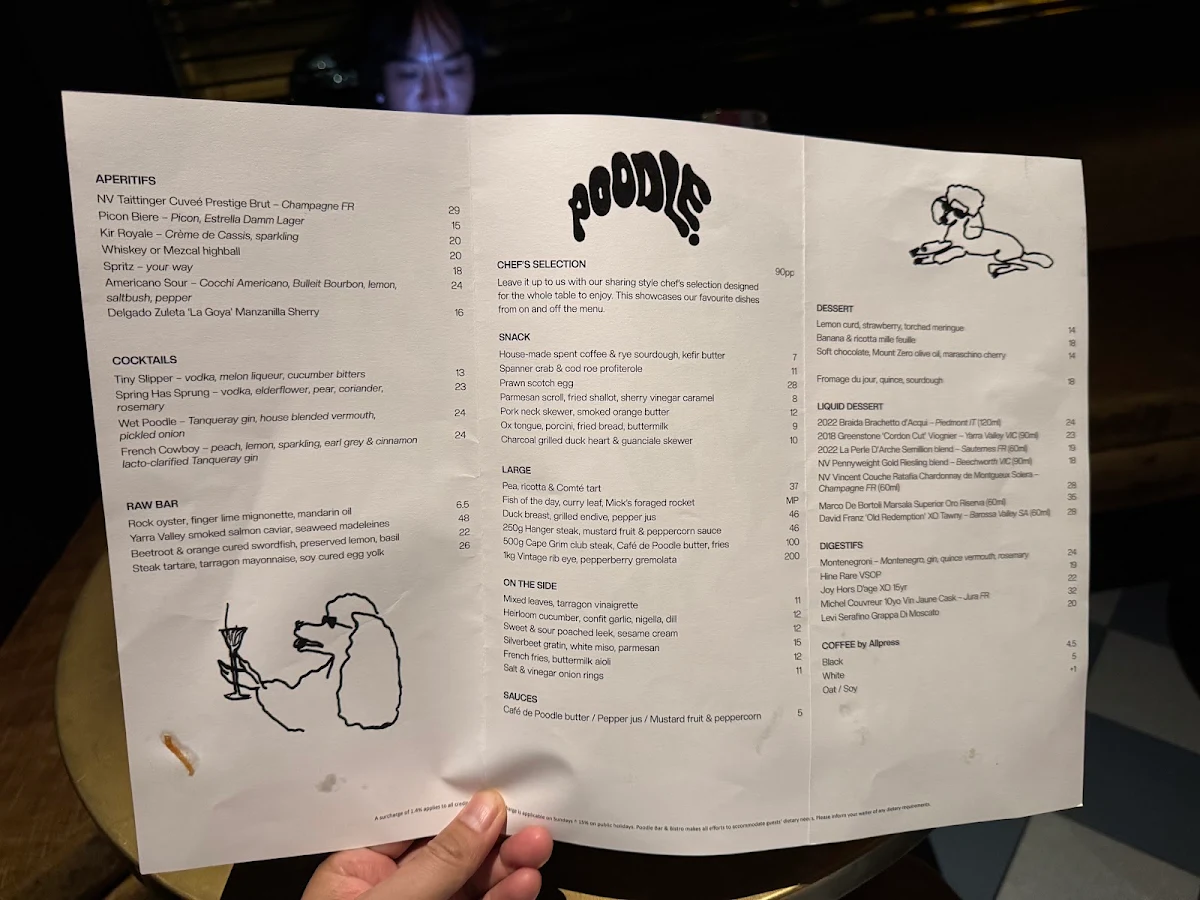 Menu, Poodle Bar & Bistro