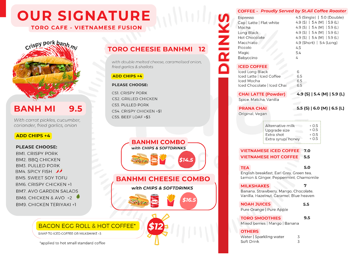Menu, Toro Cafe Vietnamese Food