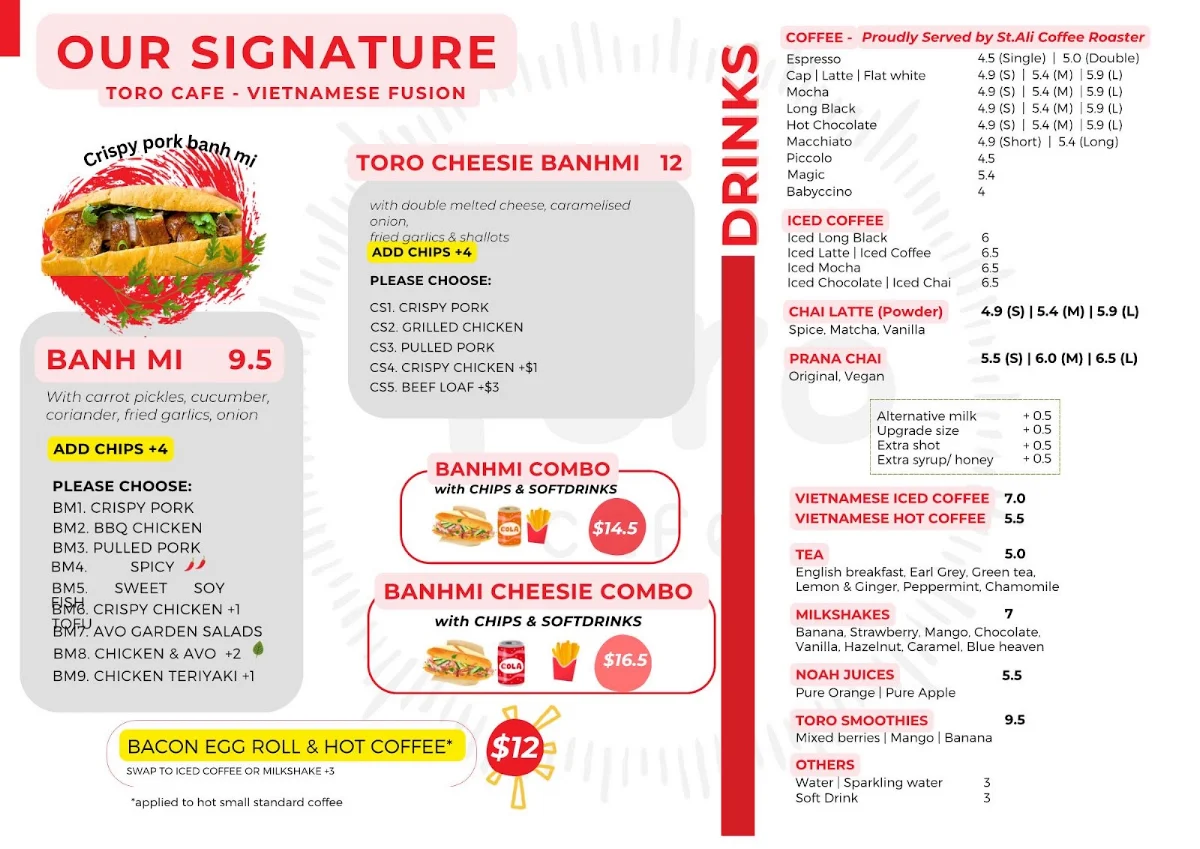 Menu, Toro Cafe Vietnamese Food