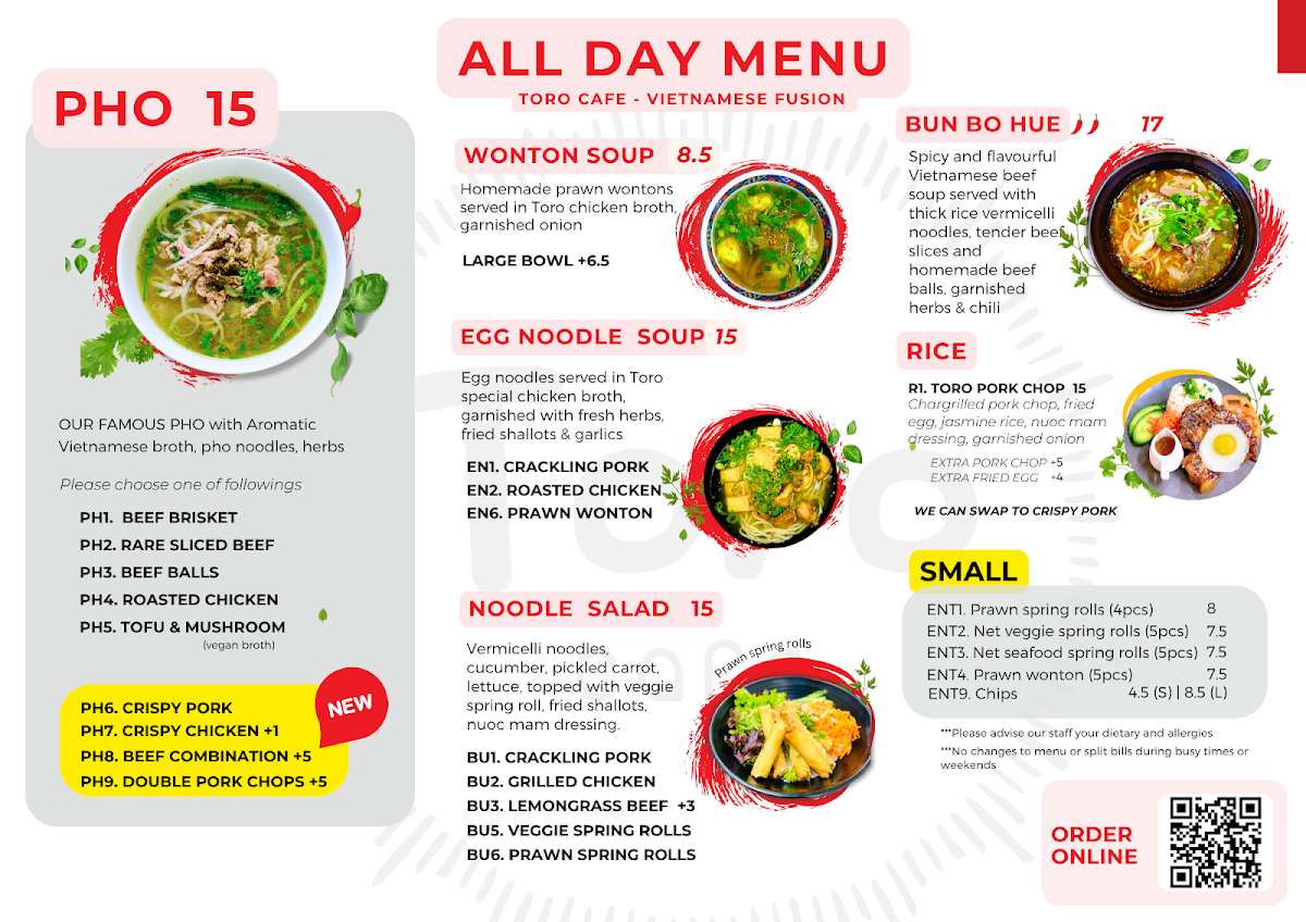 Menu, Toro Cafe Vietnamese Food