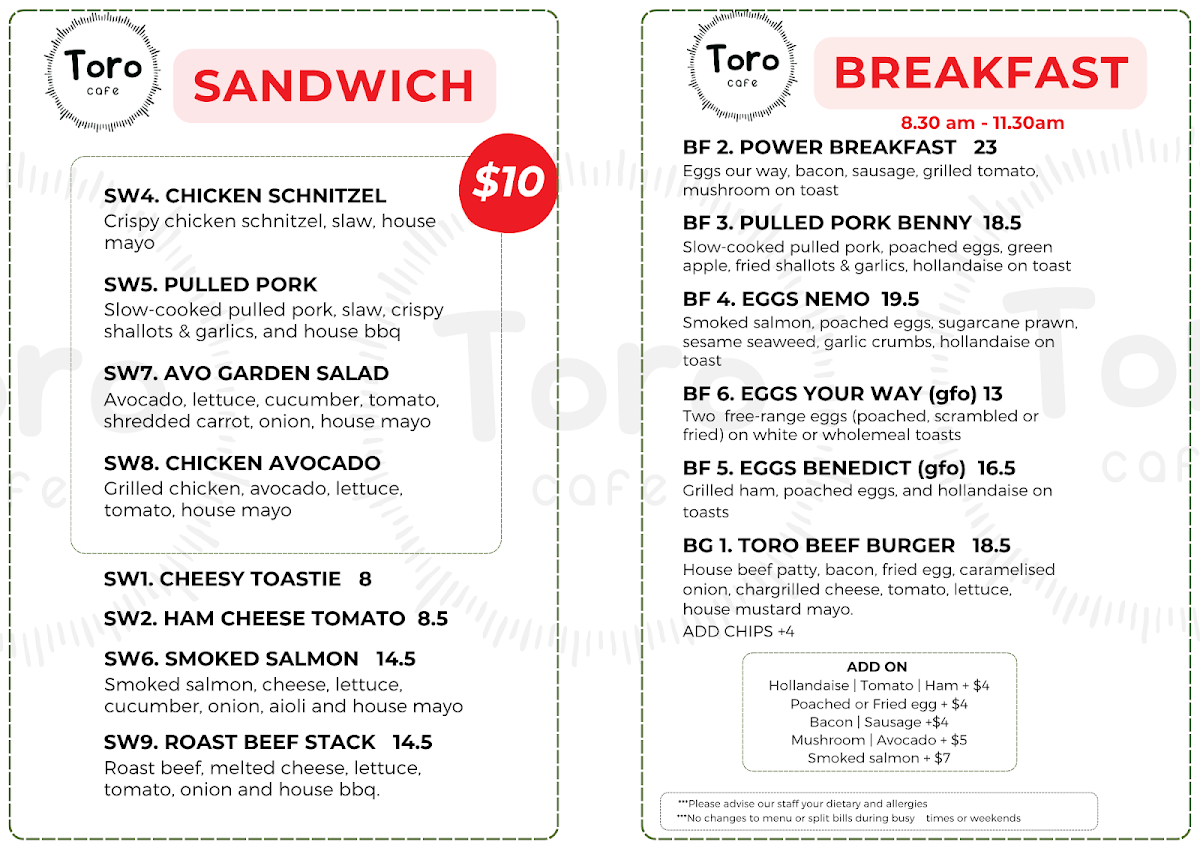 Menu, Toro Cafe Vietnamese Food