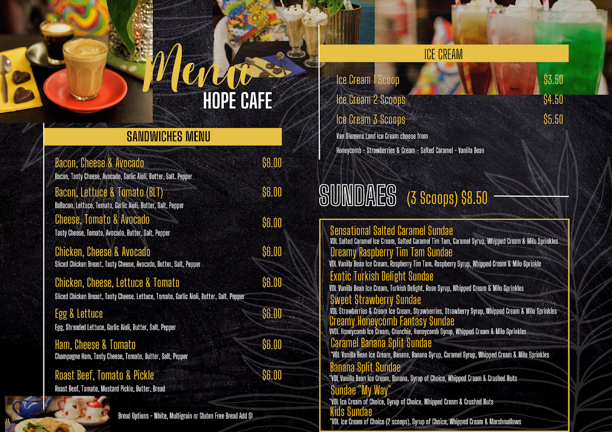 Menu, Hope Cafe Tasmania