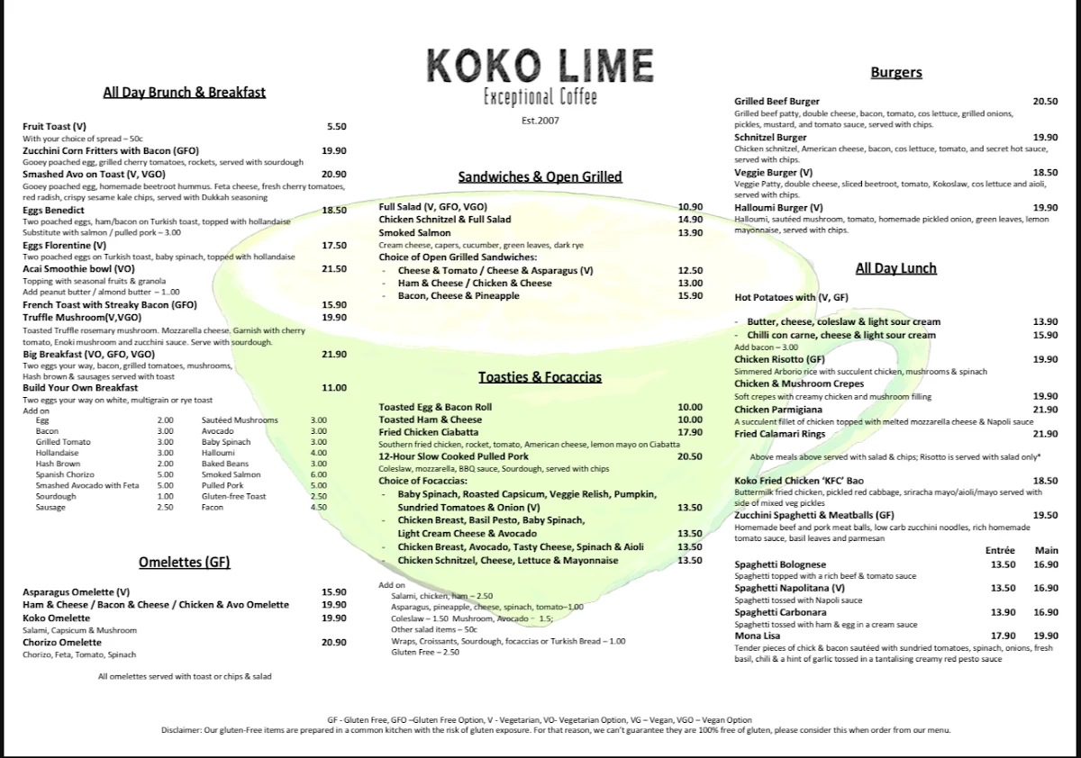 Menu, Koko Lime Cafe