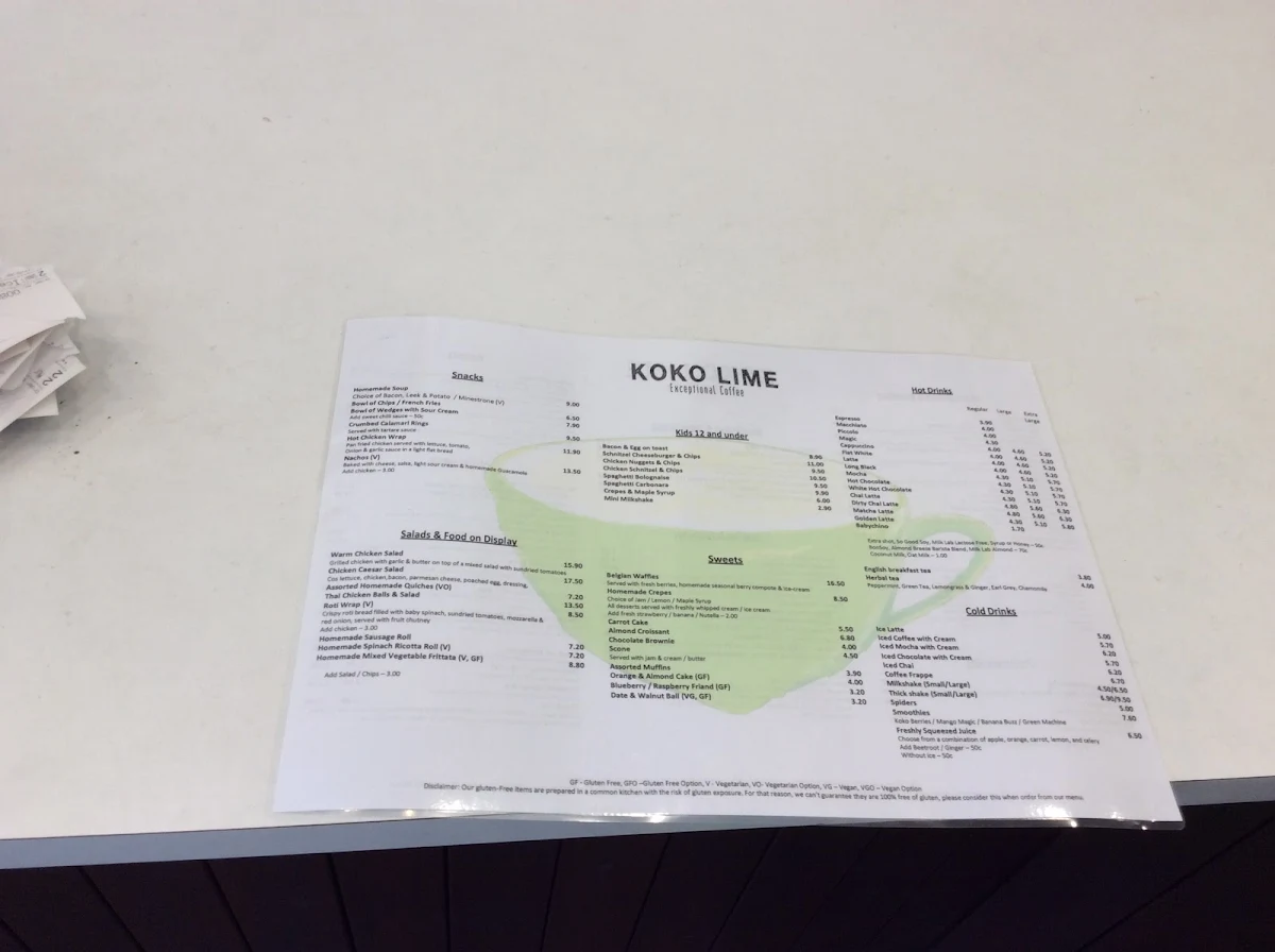 Menu, Koko Lime Cafe