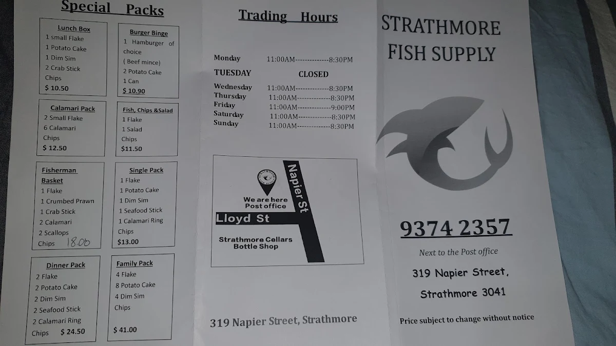 Menu, Strathmore Fish Supply - Fish & Chips