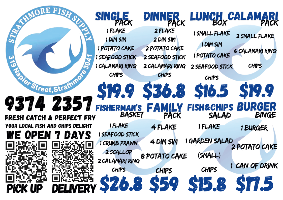 Menu, Strathmore Fish Supply - Fish & Chips