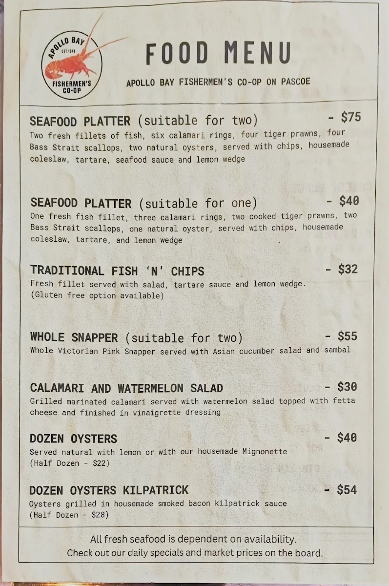 Menu, Apollo Bay Fishermen's Co-operative