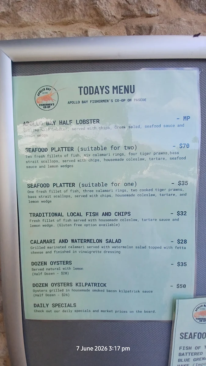 Menu, Apollo Bay Fishermen's Co-operative