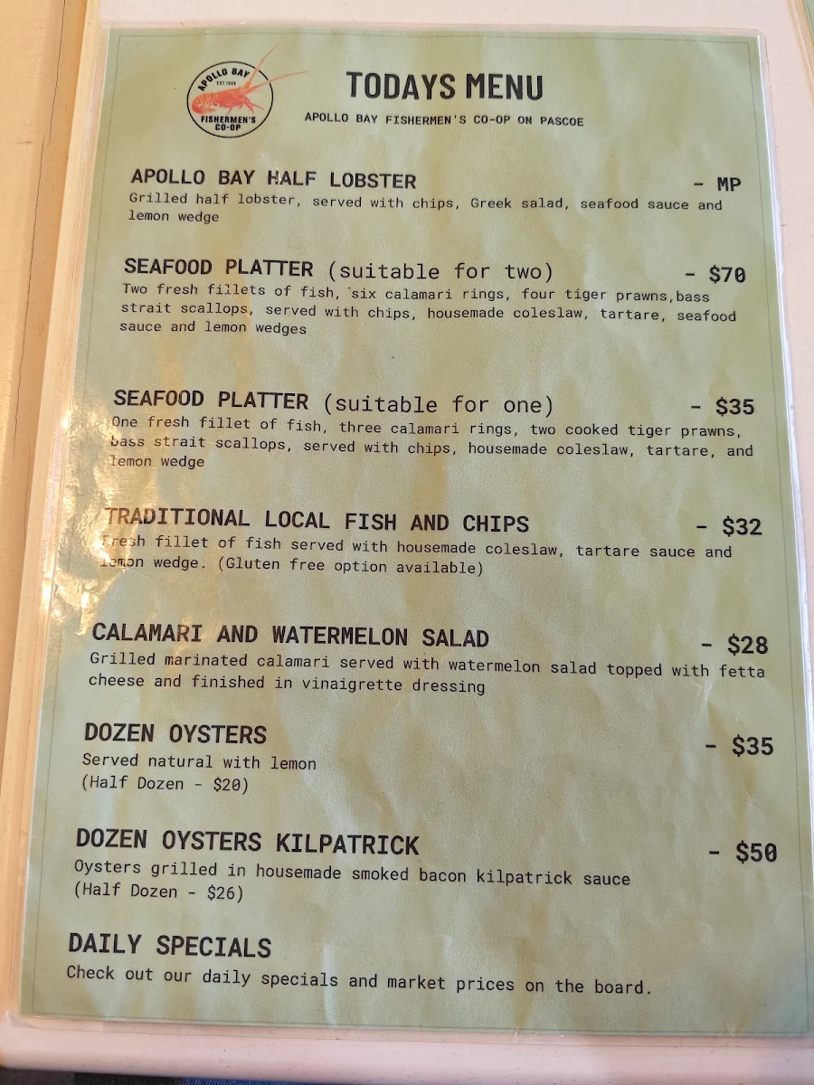 Menu, Apollo Bay Fishermen's Co-operative