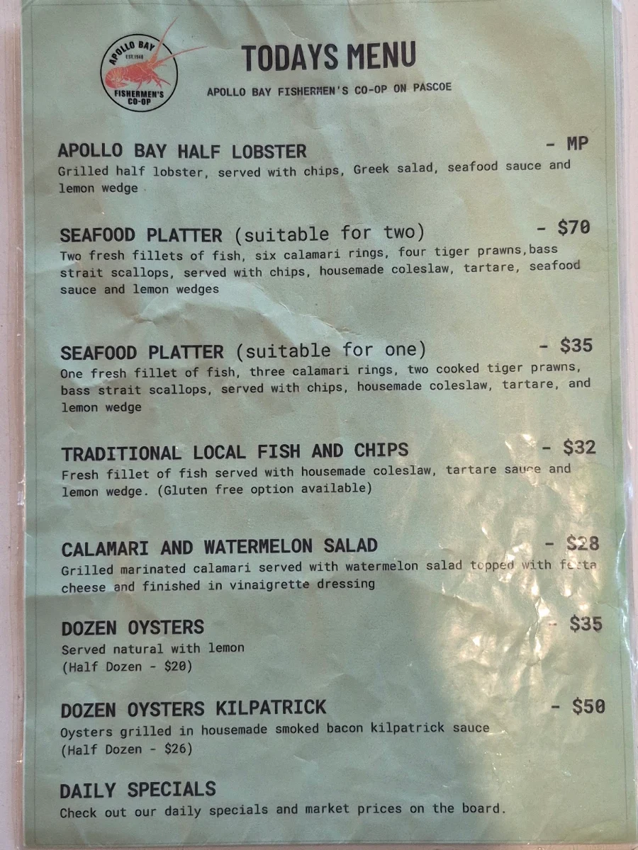 Menu, Apollo Bay Fishermen's Co-operative