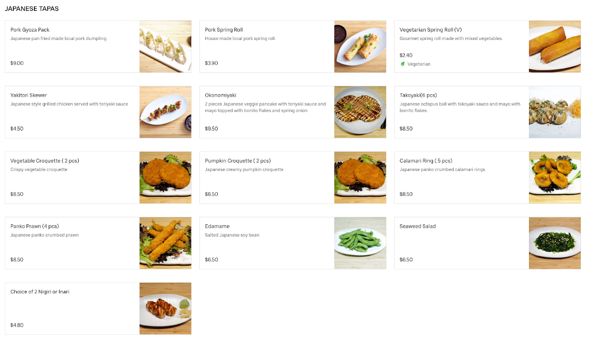 Menu, Aki Sushi