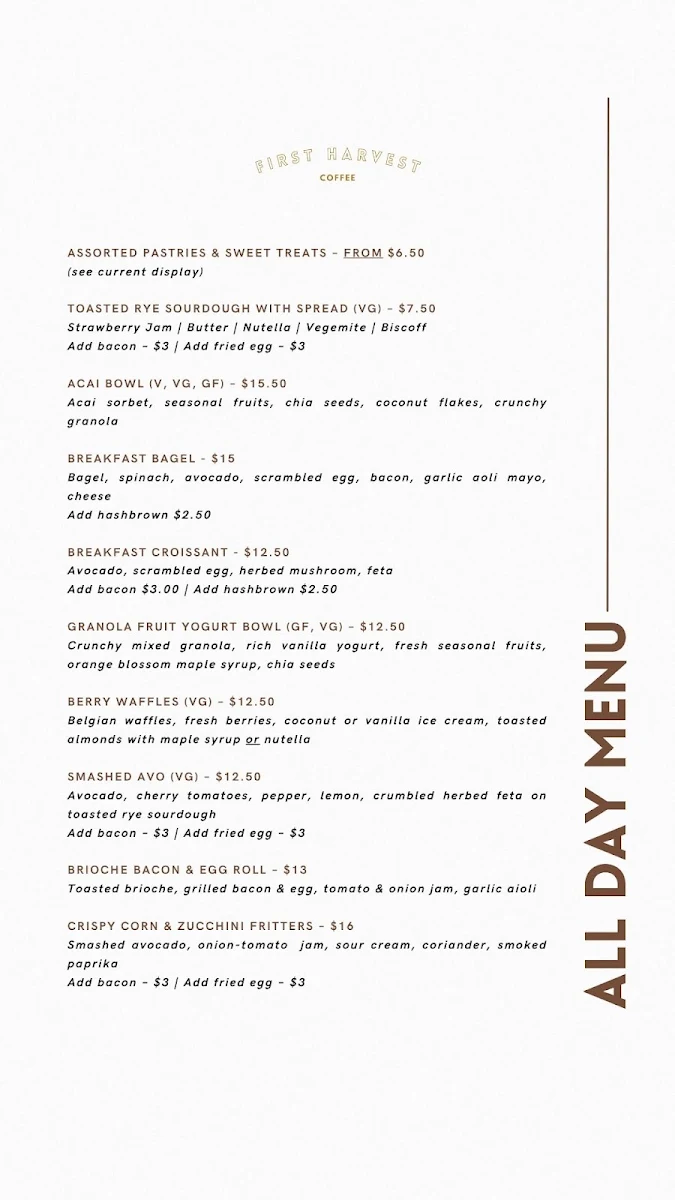 Menu, First Harvest Coffee