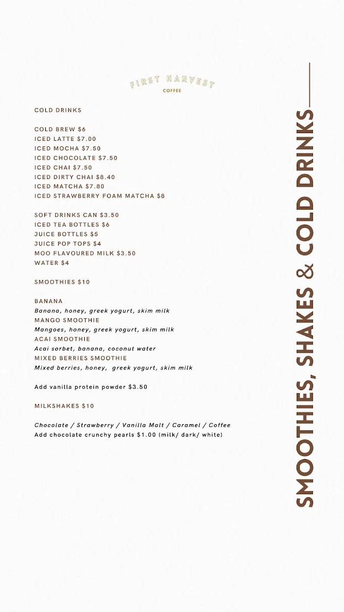 Menu, First Harvest Coffee