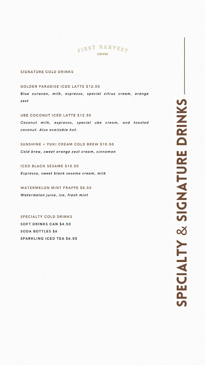 Menu, First Harvest Coffee