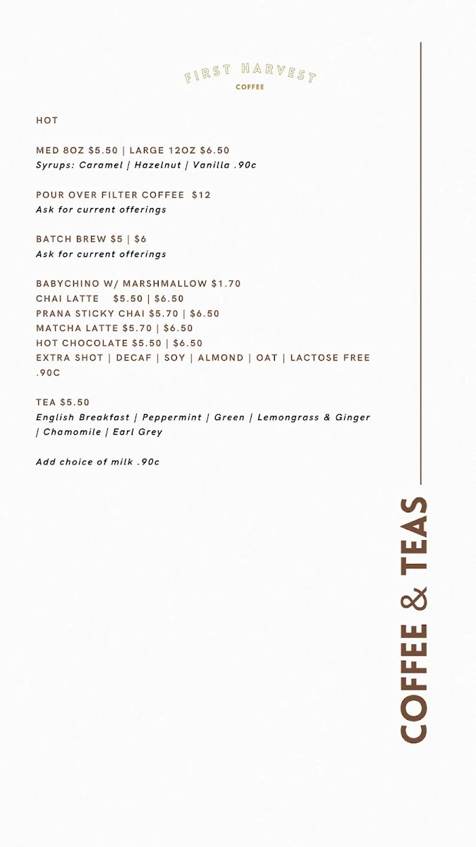 Menu, First Harvest Coffee