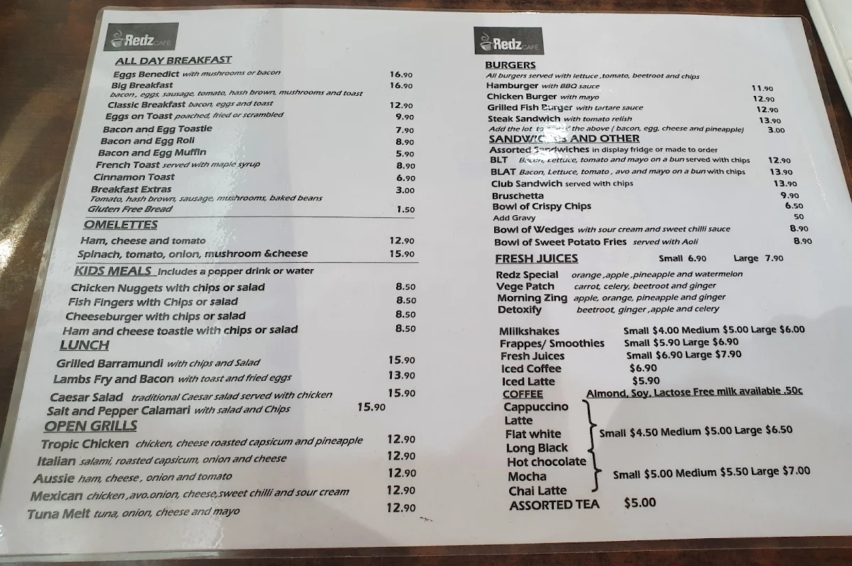 Menu, Redz Café