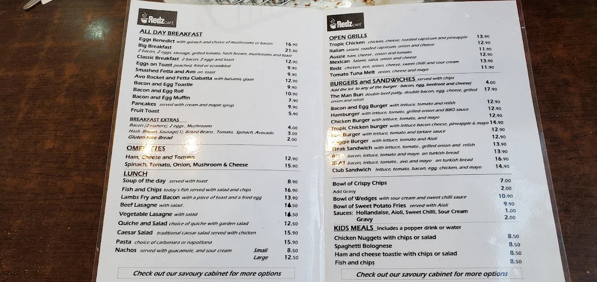 Menu, Redz Café