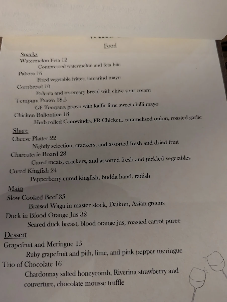 Menu, Romanée Wine Bar
