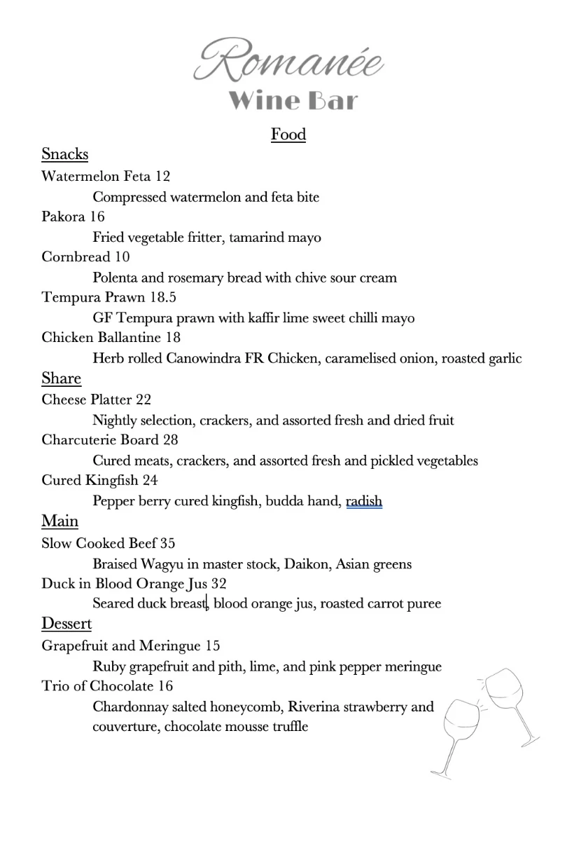 Menu, Romanée Wine Bar