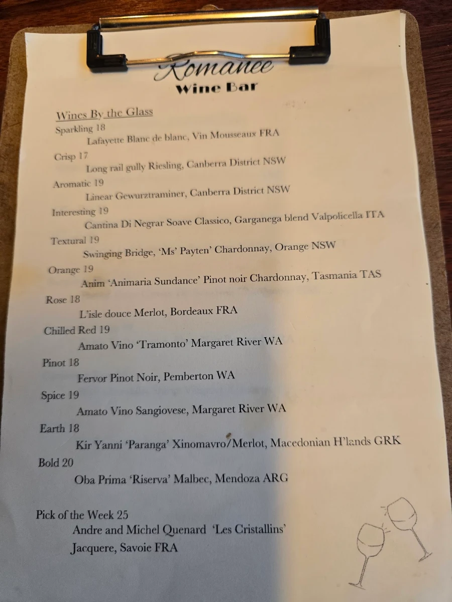 Menu, Romanée Wine Bar
