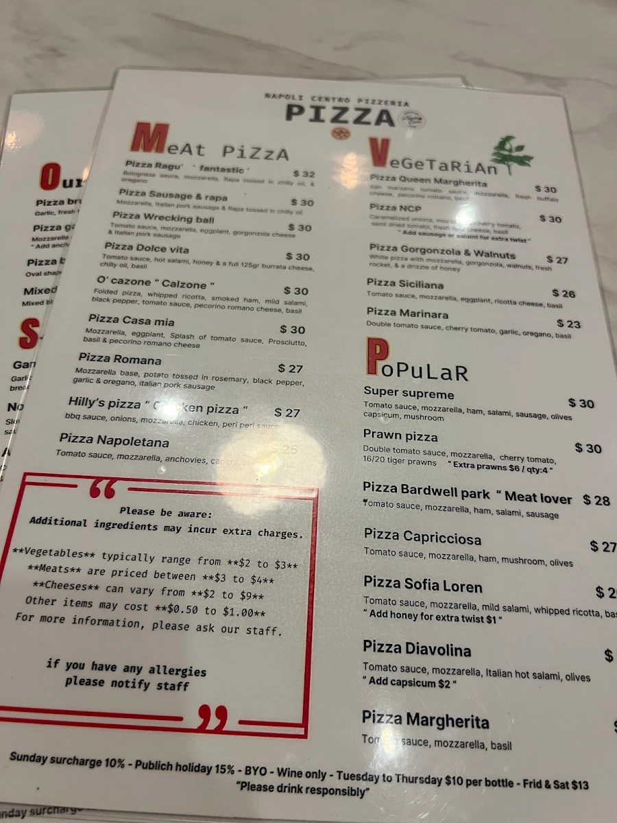 Menu, Napoli Centro pizzeria