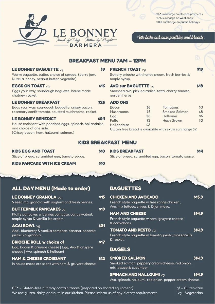 Menu, Le bonney Barmera