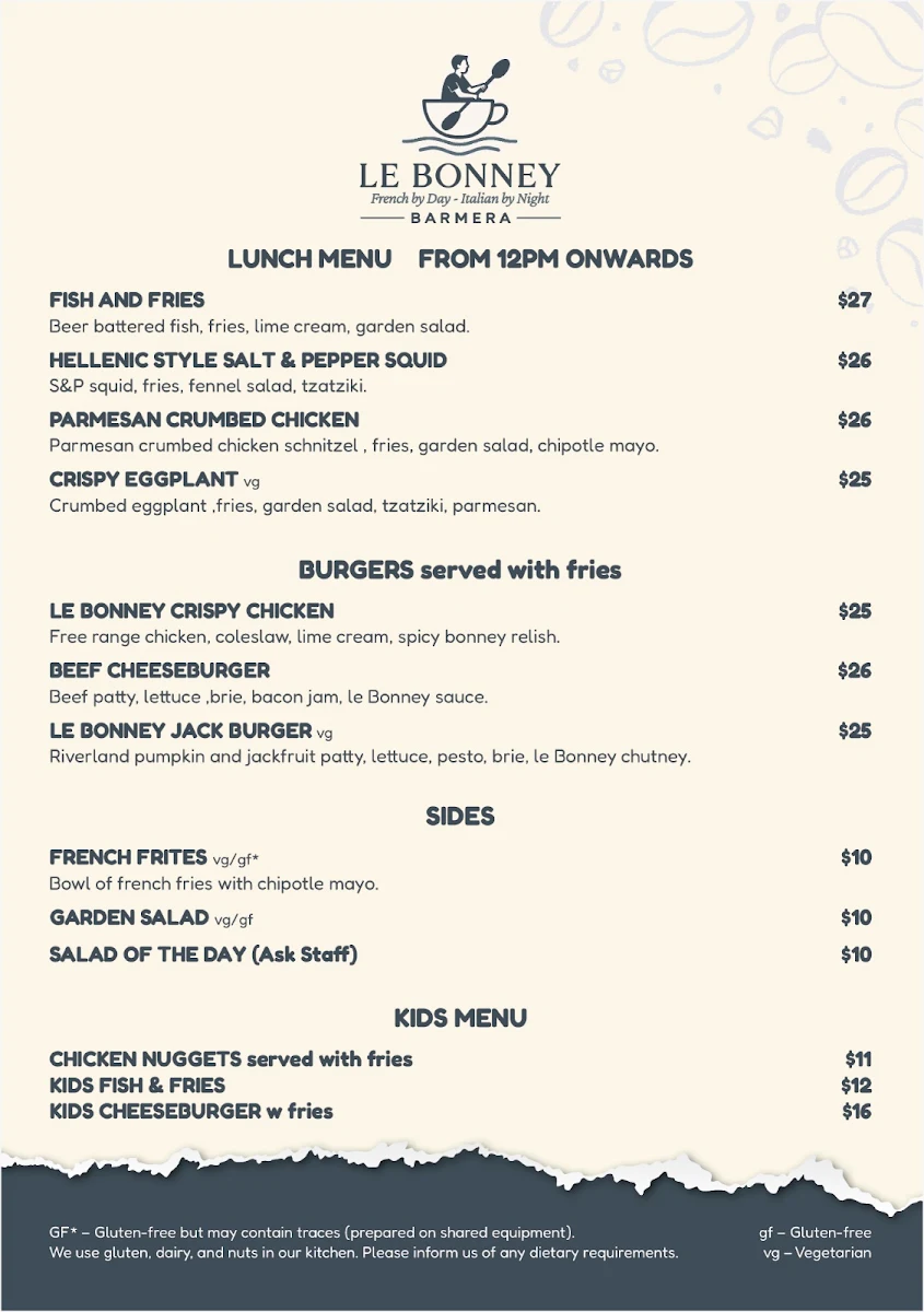 Menu, Le bonney Barmera