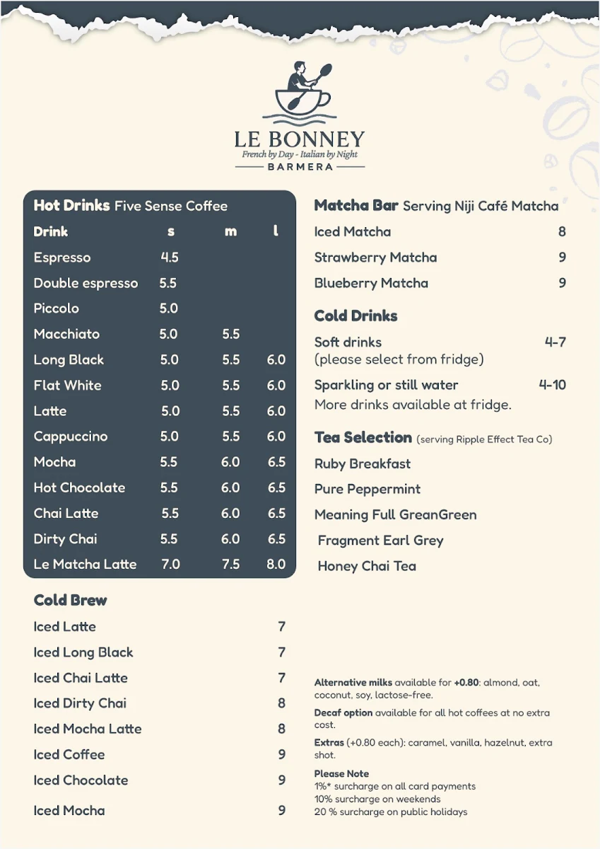 Menu, Le bonney Barmera