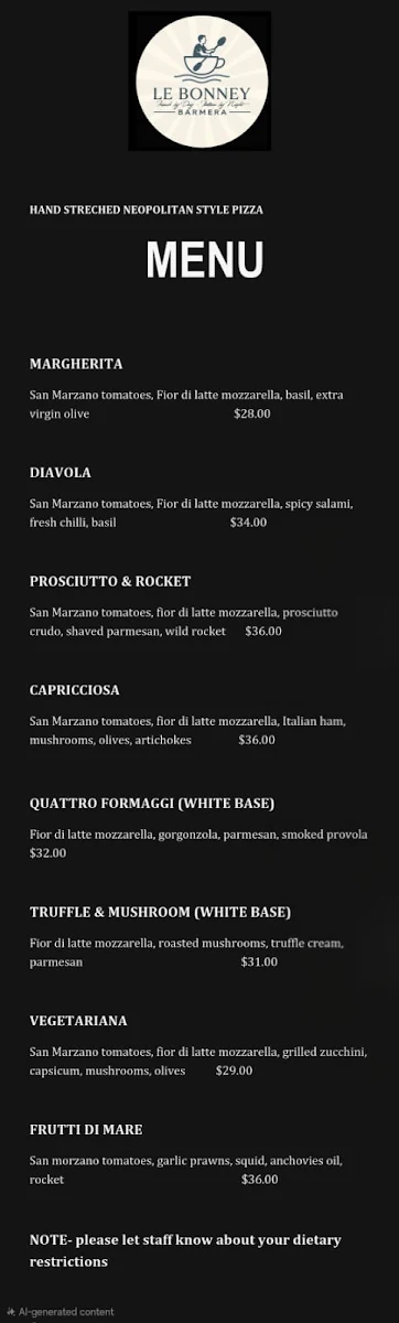 Menu, Le bonney Barmera