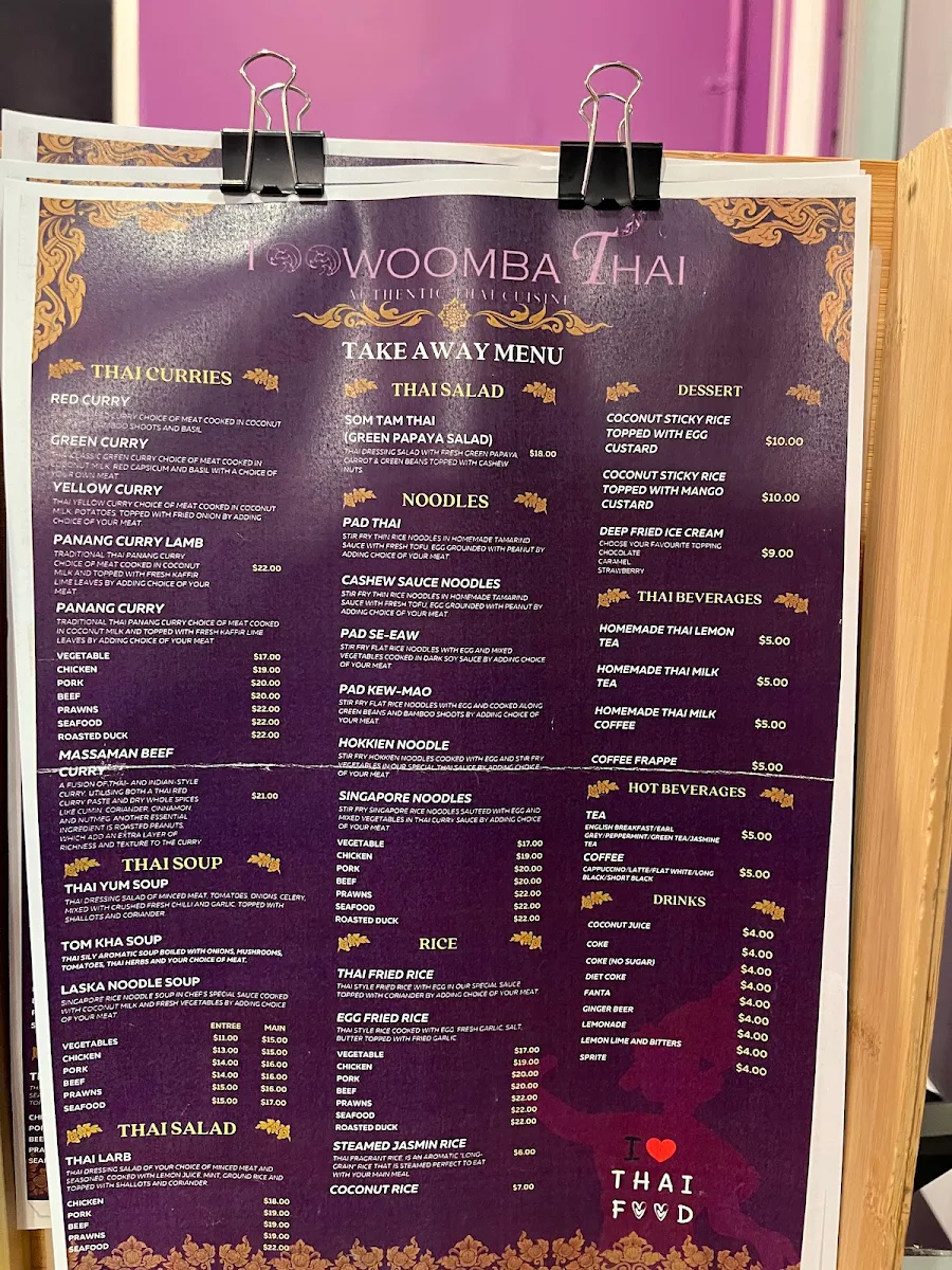 Menu, Toowoomba Thai Restaurant