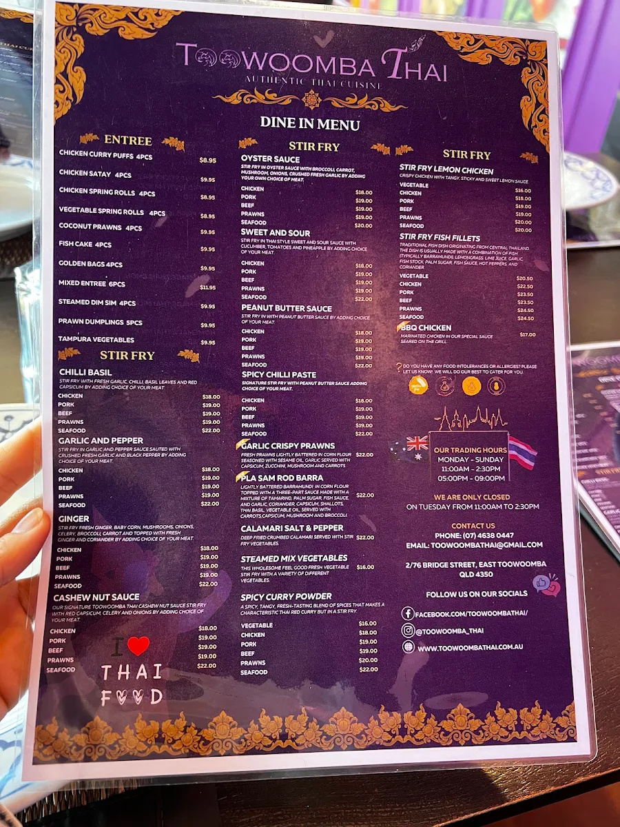 Menu, Toowoomba Thai Restaurant
