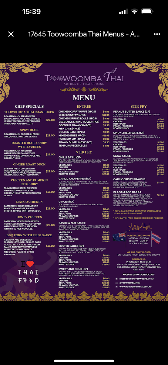 Menu, Toowoomba Thai Restaurant