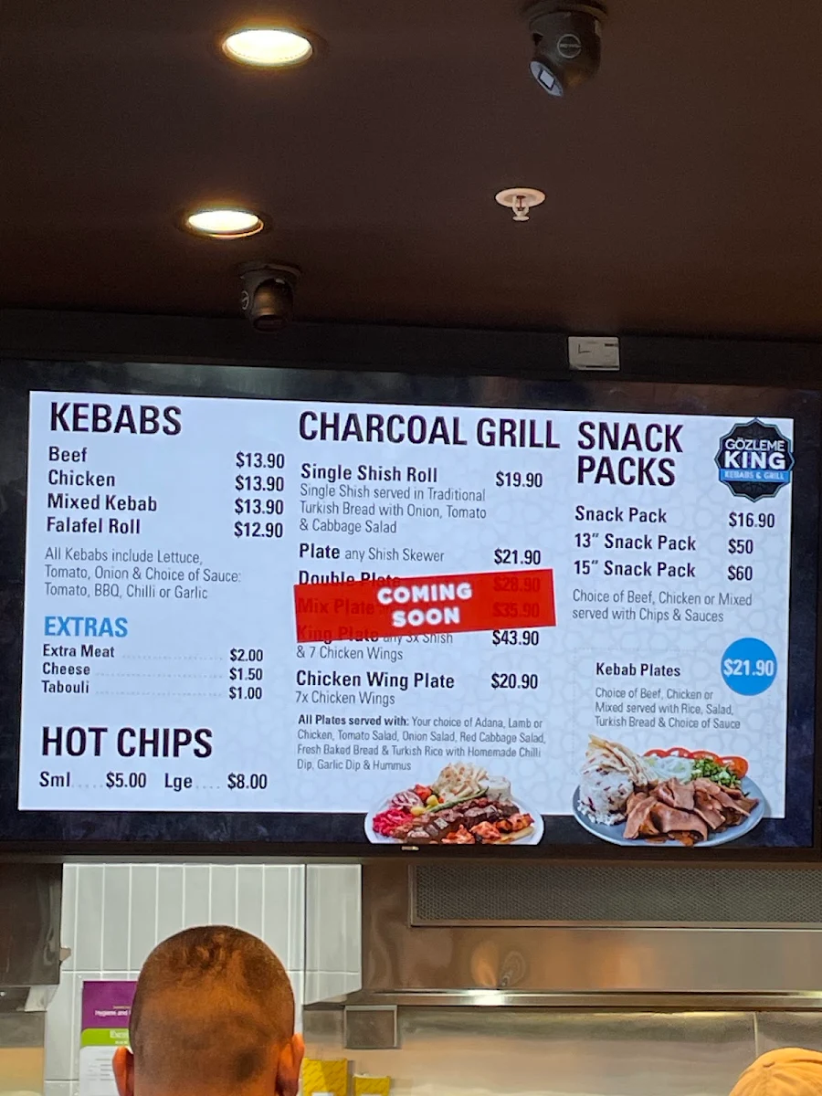 Menu, Gozleme king kebabs and grill