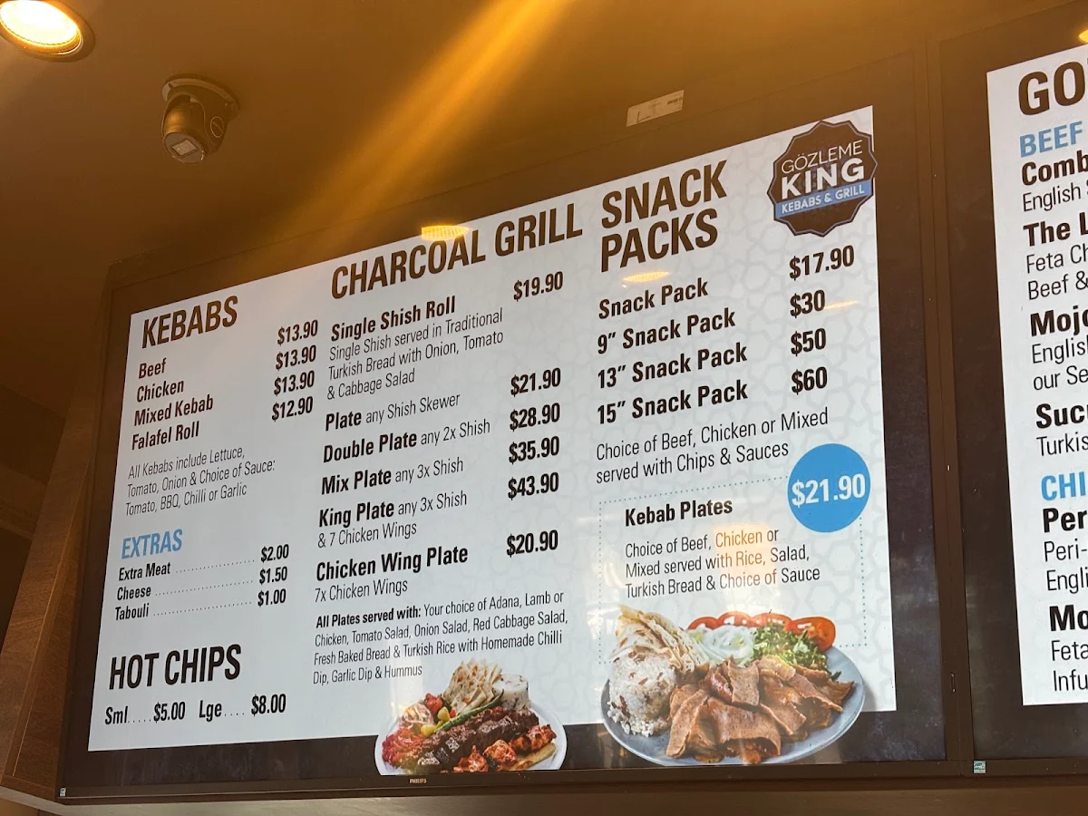 Menu, Gozleme king kebabs and grill