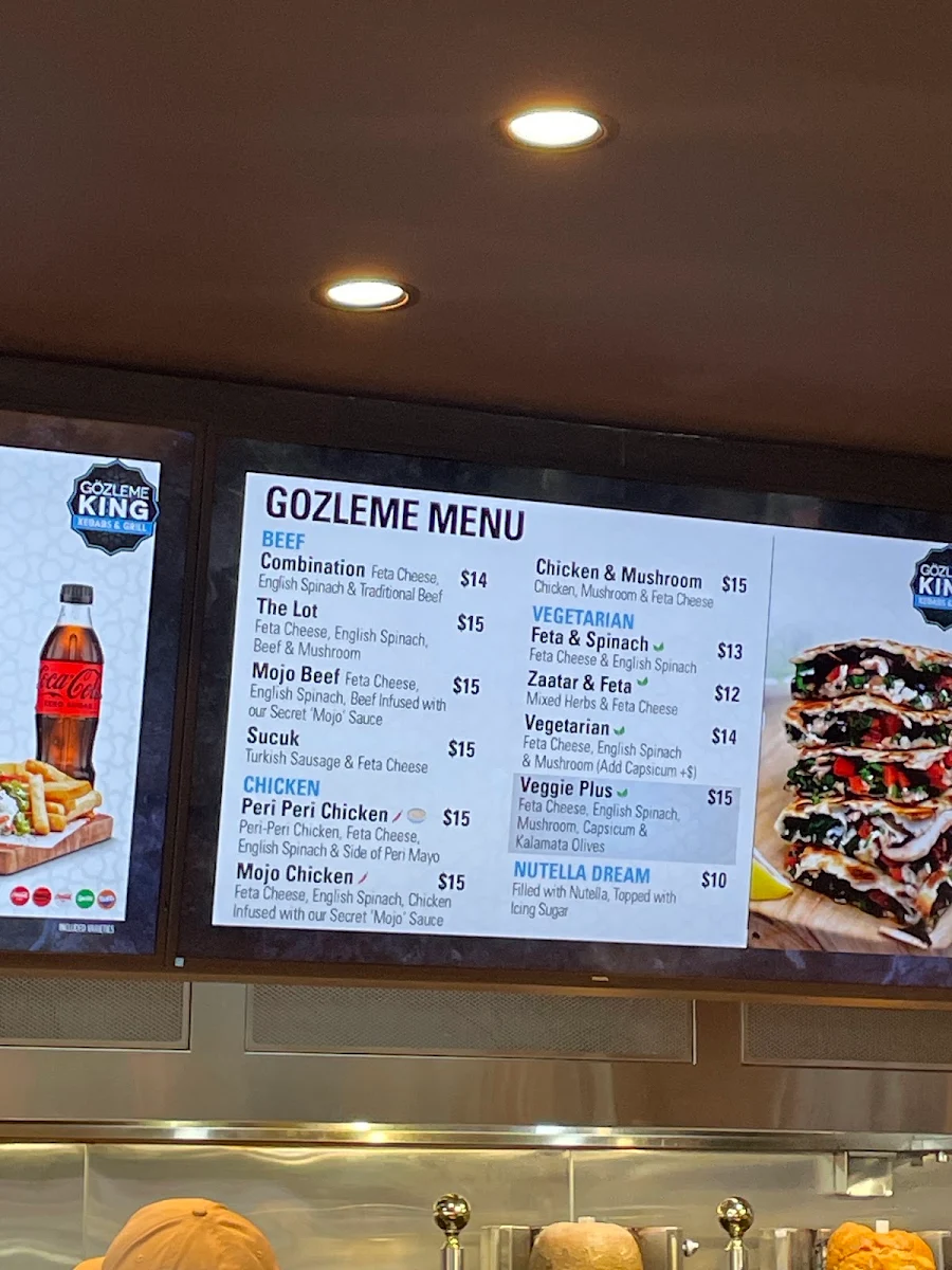 Menu, Gozleme king kebabs and grill