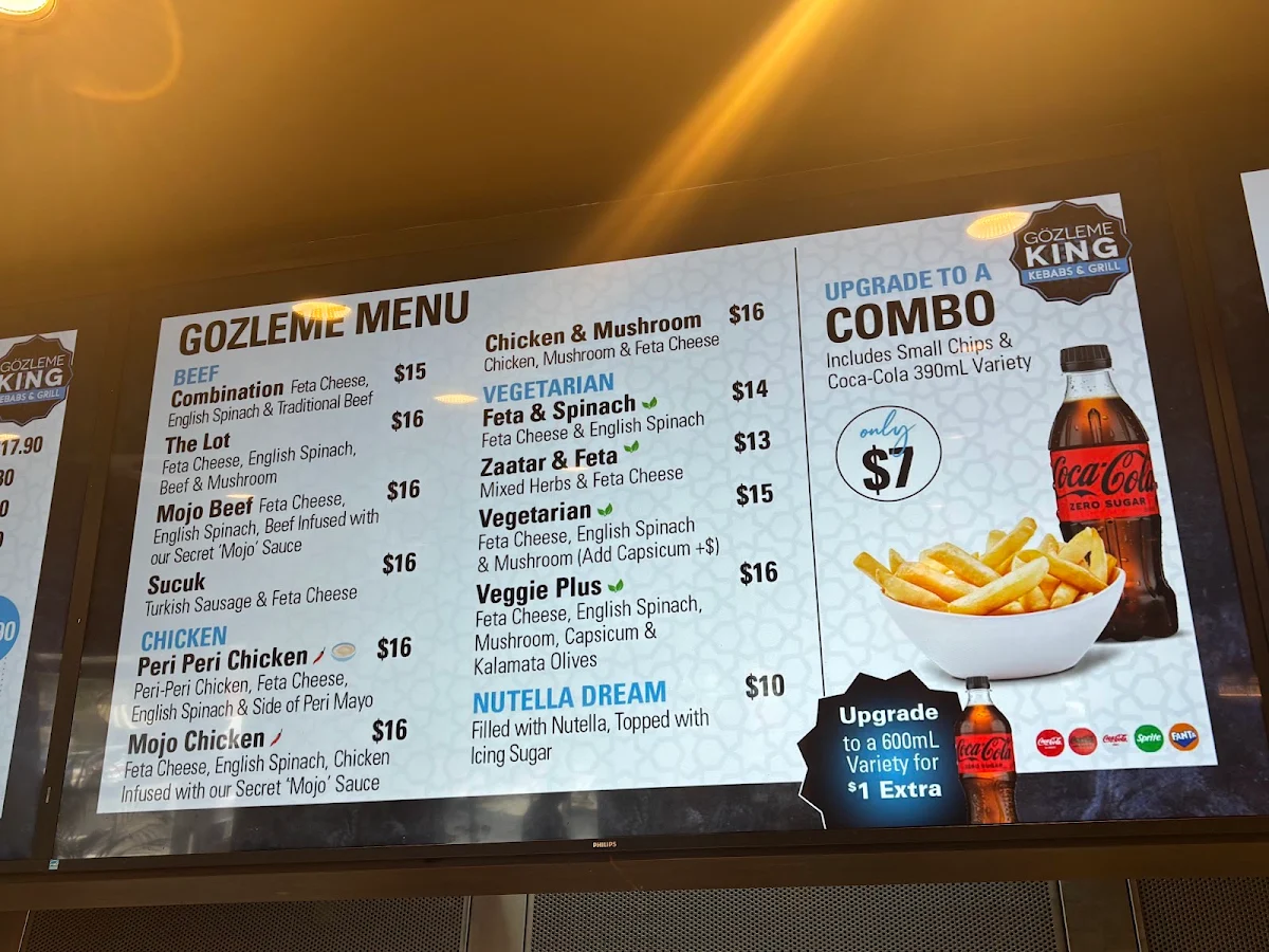 Menu, Gozleme king kebabs and grill