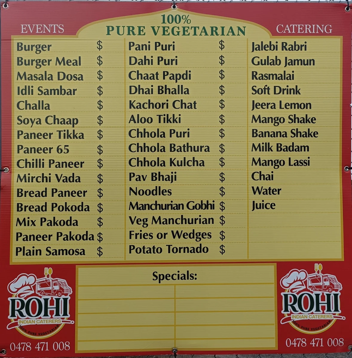 Menu, ROHI INDIAN CATERERS, Best Chole Bhature, pani Puri, gol gappe, Masala dosa, paneer pakoda, pav bhaji, IndoChinese,shakes