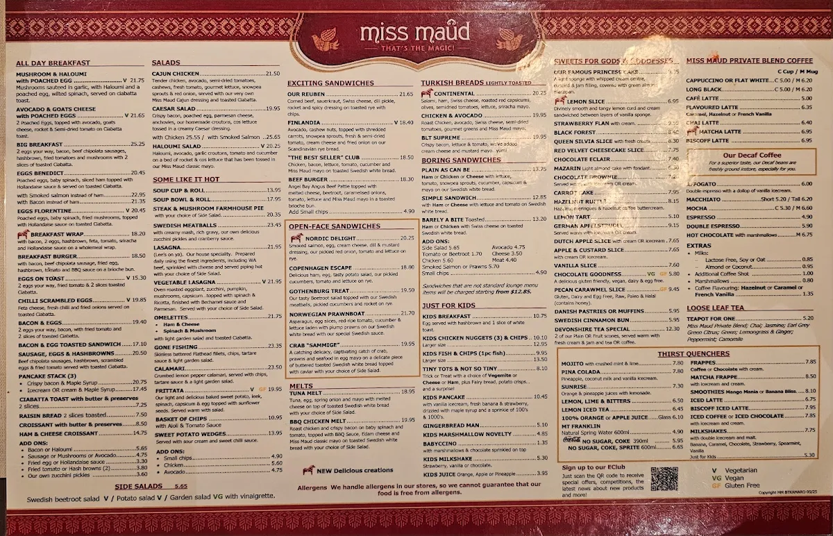 Menu, Miss Maud Karrinyup