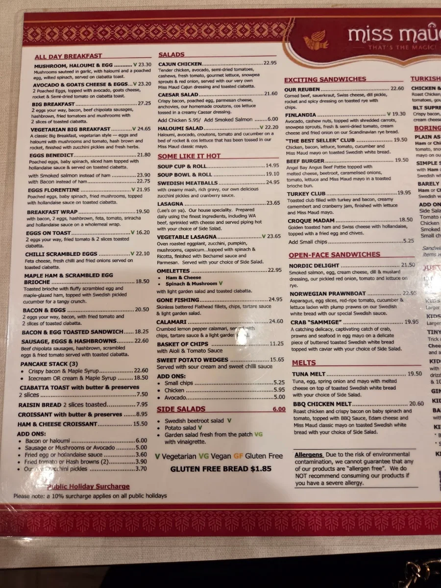 Menu, Miss Maud Karrinyup