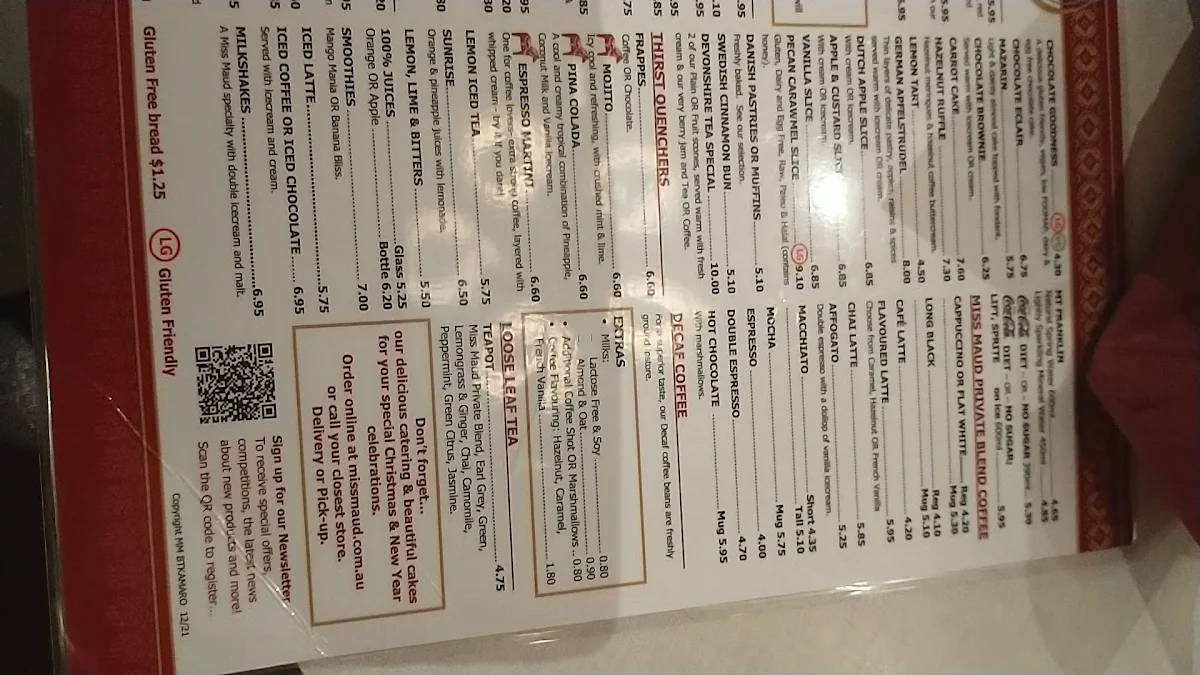 Menu, Miss Maud Karrinyup