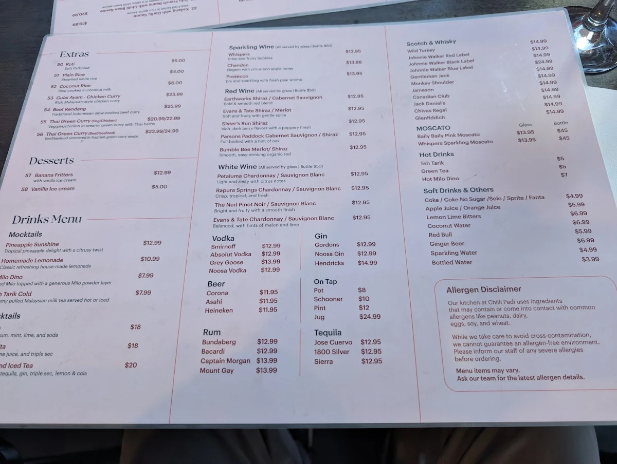 Menu, ChilliPadi Docklands