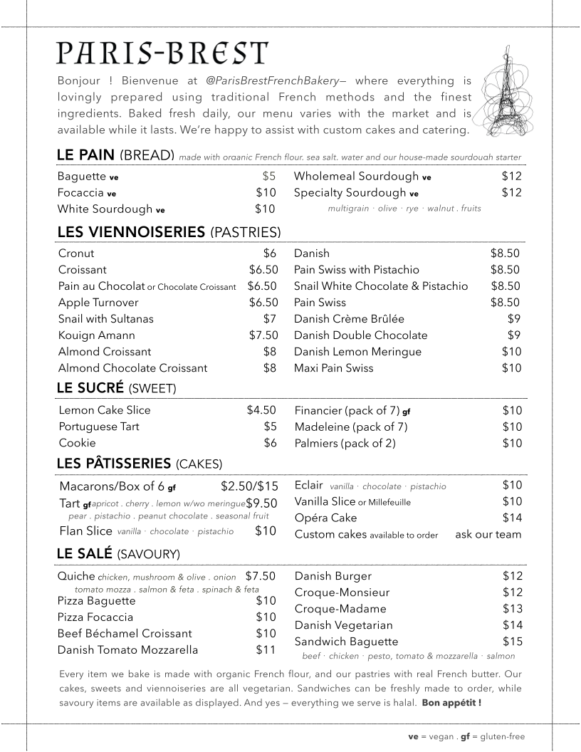 Menu, Paris Brest French Bakery
