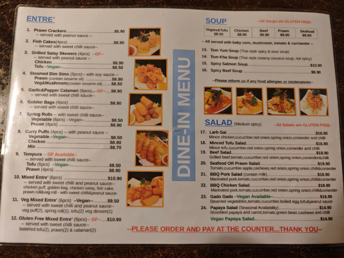 Menu, D'Gusto Thai Restaurant